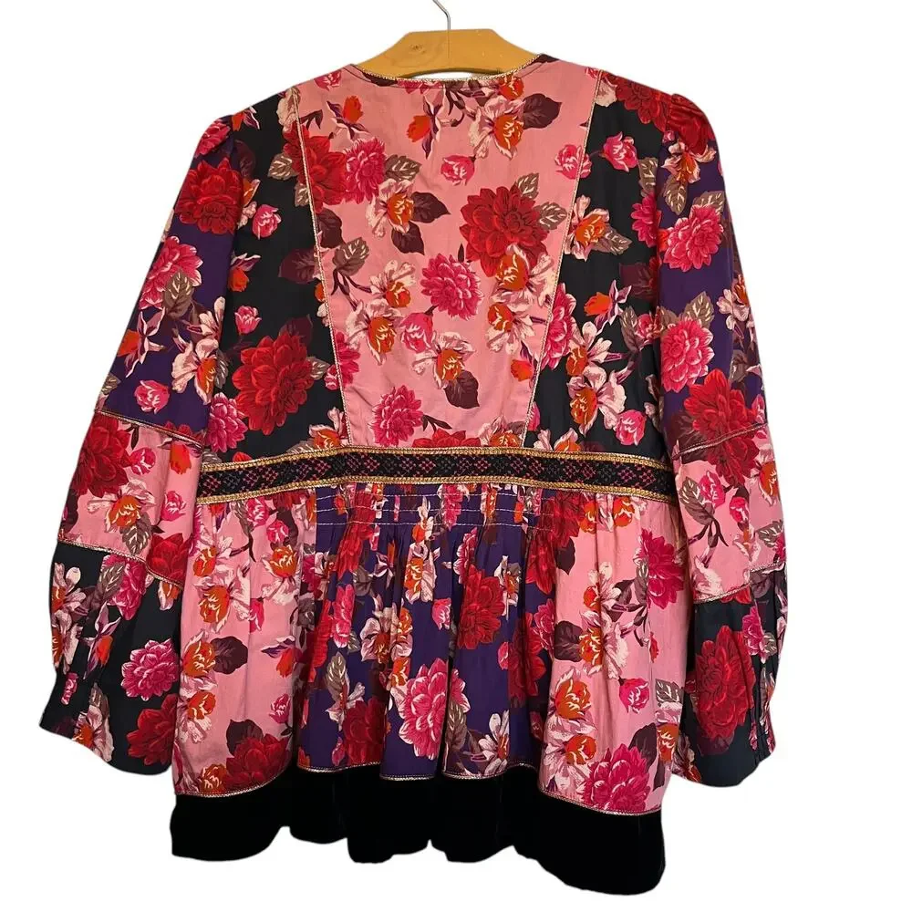 Johnny Was Jade Kimmy Smocked Floral-Print Peasant Top Embroidered Velvet Trim L